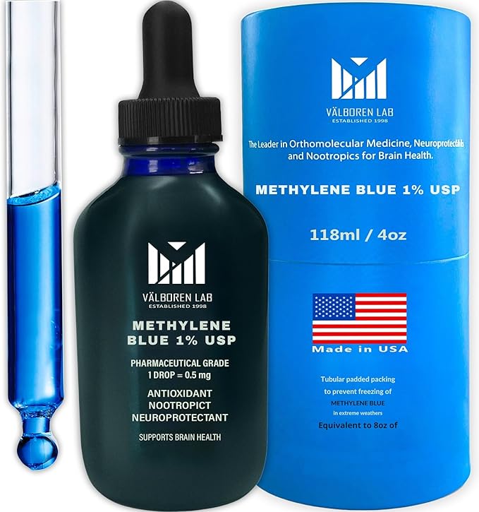 Methylene Blue Pharmaceutical Grade 4oz - Made in USA - Third Party Tested - Dietary Supplement - Formaldehyde &amp Alcohol-Free - Methane Blue for Humans 1% Drops (118ML Bottle)