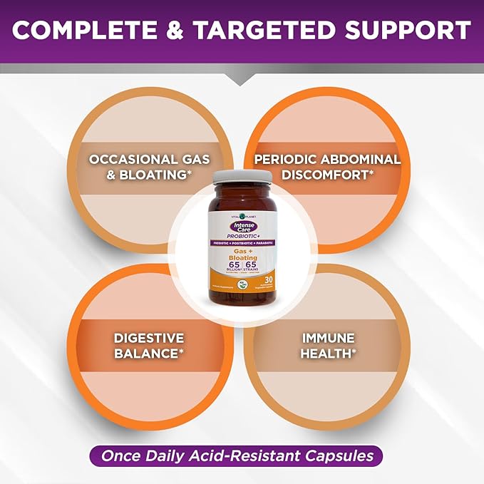 Vital Planet - Intense Care Gas &amp Bloating Probiotics Prebiotics Postbiotics Parabiotics 4-in-1 Refrigerated Supplement for Adults 65 Billion CFU 65 Strains Digestive and Immune 30 ct
