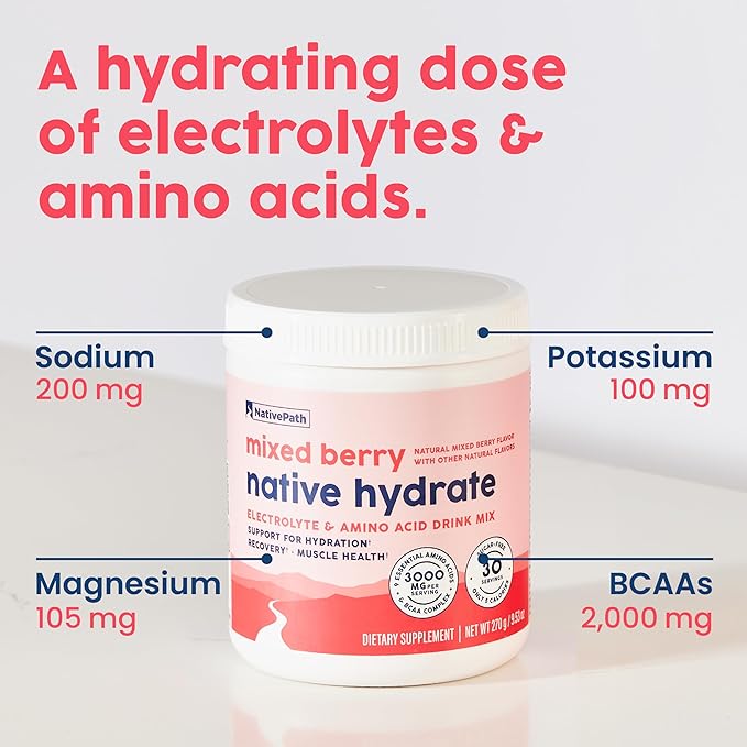 NativePath Hydrate Zero Sugar Electrolytes Powder with BCAAs Mixed Berry Hydration Keto &amp Paleo Friendly 30 Servings