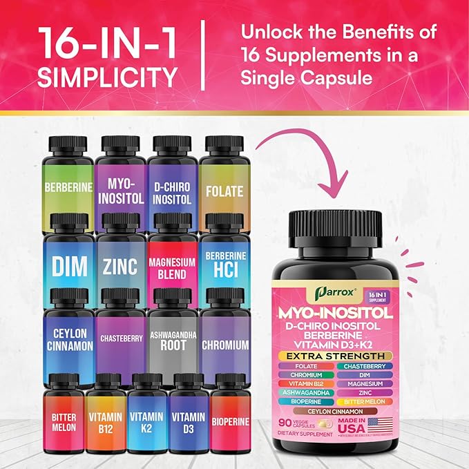 Myo Inositol Supplement D-Chiro Inositol Folate DIM Vitamin D3 B12 K2 Chromium Bioperine Ceylon Cinnamon Zinc Ashwagandha Chasteberry Magnesium Berberine (90 Vegan Capsules)