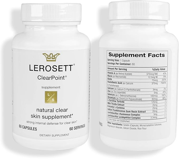 LEROSETT ClearPoint Anti Acne Pills Natural Supplements for Hormonal &amp Cystic Acne Treatment for Oily Skin &amp Breakouts. 60 Caps