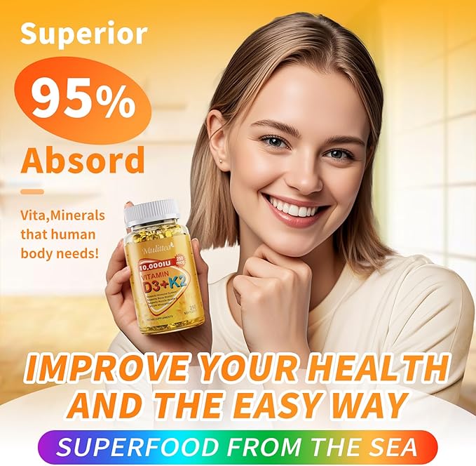 Plant-Based D3 K2 Vitamin 10000 IU w/ Virgin Coconut MCT Oil - 200 mcg MK7 Vitamin K2 Non-GMO for Ultimate Absorption - Bone Immune &amp Heart Health - Easy to Swallow D &amp K Supplement - 250 So