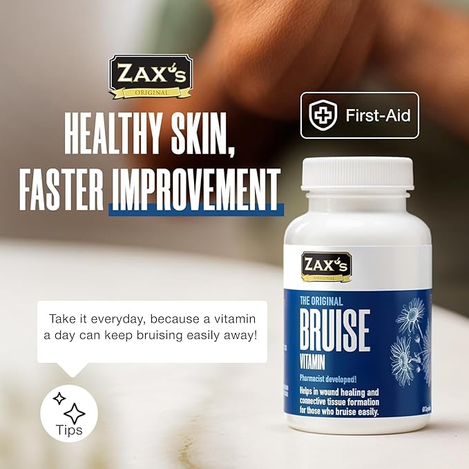 ZAX'S Bruise Vitamin Pharmacist Developed Bruising Supplements Potent Bruising Swelling Reducer Zinc Vitamin K D3 Ascorbic Acid Citrus Bioflavonoids 60 Caps Combine Arnica Bruise Cream