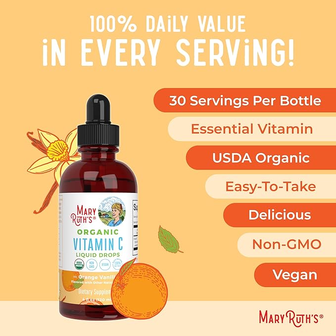 MARYRUTH'S Organic Vitamin C Supplement | Liquid Vitamin C Liquid Drops for Adults &amp Kids | Immune Support Supplement for Overall Health | Vegan | Non-GMO | Gluten Free | 4 Fl Oz