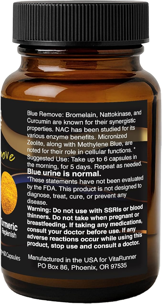 Nutricel Supplements Blue Remove - USP Grade Methylene Blue 60 Capsules with Micronized Zeolite Nattokinase (Non-GMO) Turmeric Bromelain and NAC - Trusted Made in America