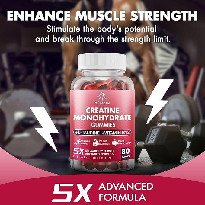 Creatine Monohydrate Gummies - 5g for Men &amp Women 160 Count and Creatine Chewable Supplements for Muscle Gain Muscle Strength Energy Boost and Muscle Builder Sugar Free Vegan (Strawberry)