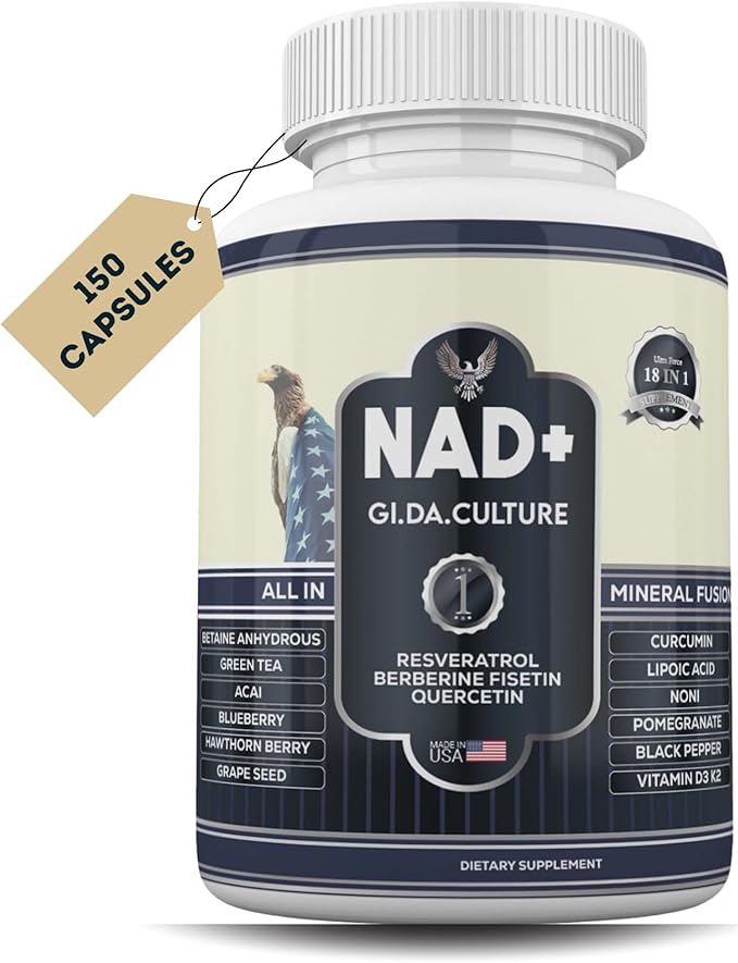 NAD+ Resveratrol Supplement for Energy Cellular Health &amp Healthy Aging – High Potency NAD Plus Capsules for Men &amp Women – Antioxidant Support (150 Count (Pack of 1))