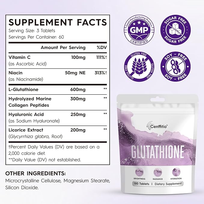 Glutathione Supplement – Skin Brightening Formula with Vitamin C Niacinamide Licorice Extract Collagen &amp Hyaluronic Acid – for Skin Brightness Radiance &amp Hydration – 180 Tablets