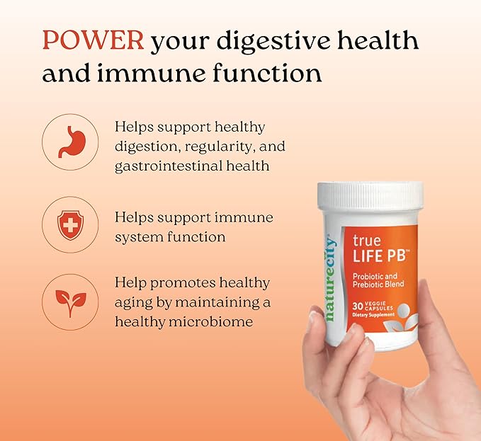 NatureCity True-Life-PB Shelf Stable Blend Prebiotics and Probiotics for Women and Men - Digestive Gut Health Supplements for Women and Men - Dairy Free - (60 Veggie Capsules)
