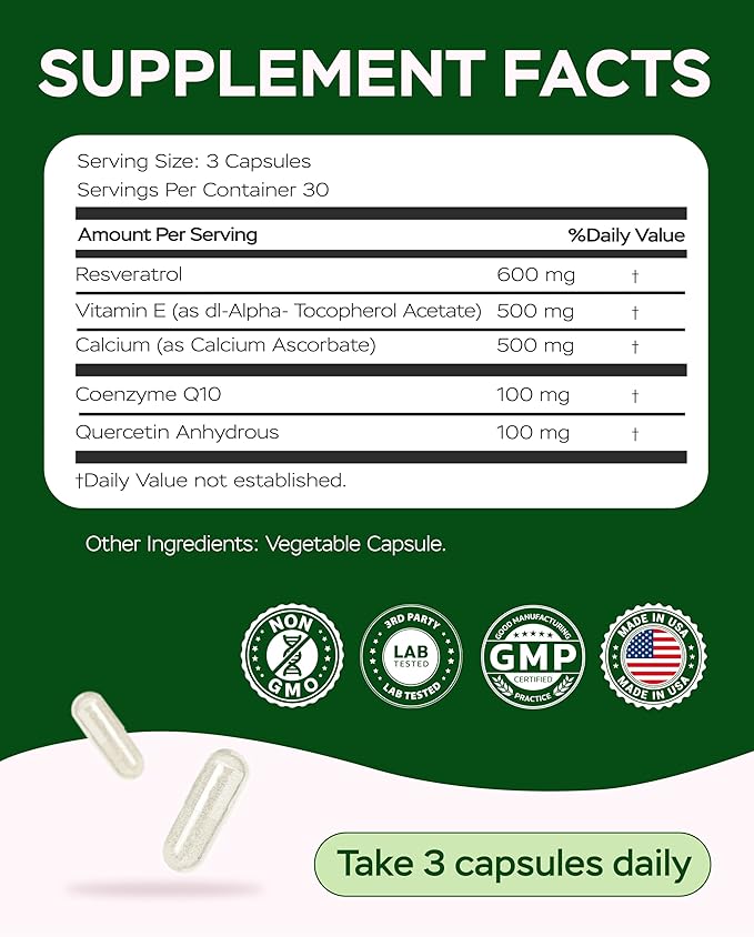 Resveratrol Supplement 1800mg Complex - COQ10 Quercetin Vitamin E Calcium Ascorbate - Powerful Antioxidant Formula for Enhanced Energy Heart Health &amp Healthy-Aging Support Trans Resveratrol 90
