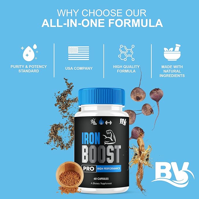 Iron Boost Pro Premium Performance Capsules Iron Boost Advanced Health Supplement Pills Iron Boost Premium Daily Health Support and Overall Wellness Formula by Blue Vibe (3 Pack - 180 Capsules)