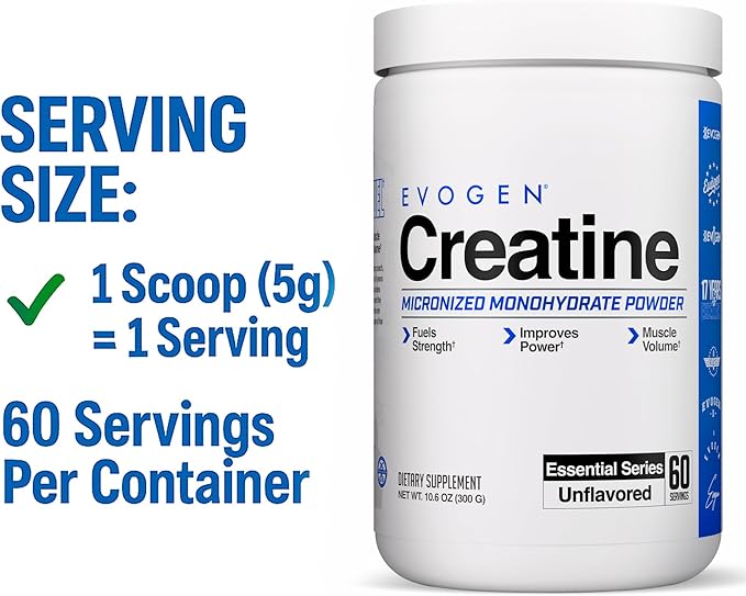 Evogen Creatine Monohydrate Powder - Micronized Creatine for Women &amp Men | Pure Creatine Powder Supplement for Strength Power &amp Recovery | Unflavored | 60 Servings
