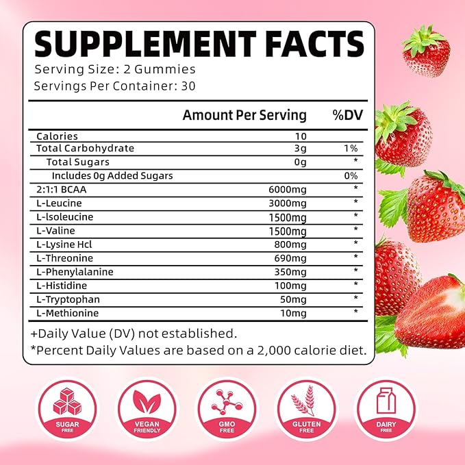 Pack of 2 EAA Gummies Essential Amino Acids - All 9 Essential Aminos (EAA) and All Branched-Chain Aminos (BCAAs) for Muscle Recovery Energy Support Strawberry Flavor 120 Count