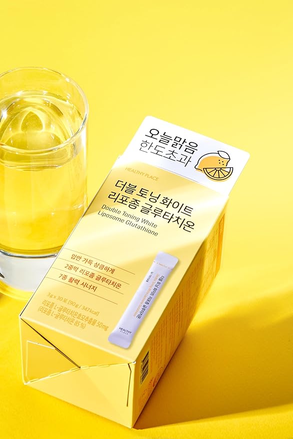 HEALTHY PLACE Double Toning White Liposome Glutathione Korean Beauty Supplement – Liposomal L-Glutathione Vitamin C 500 mg Vitamin E Biotin &amp Fish Collagen 500 mg Lime-Lemon Flavor – 30 Packet