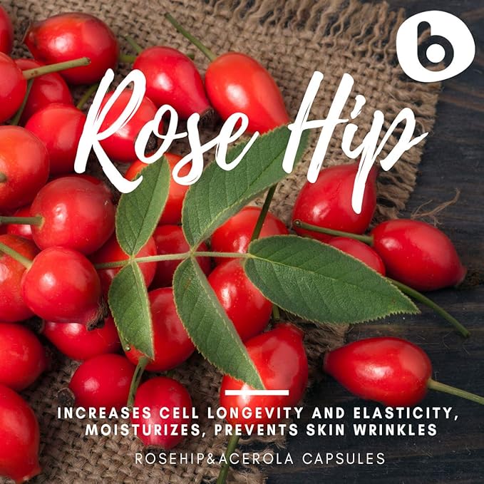 b Natural RoseHips &amp Acerola Capsules - Plant Based Vitamin C 1000mg from Acerola Cherry Powder &amp Rosehip Powder - Without Ascorbic Acid - Supports Immune Health - GMO Free - 90 Vegan Capsules
