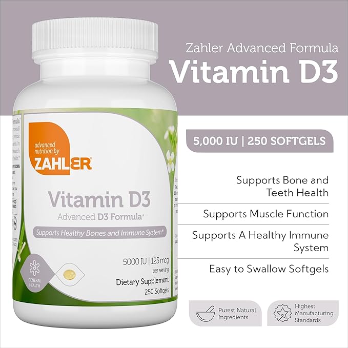 Zahler - Advanced Vitamin D3 5000 IU Softgels (250 Count) Kosher Vegetarian Friendly Vitamin D for Immune Support Bone Teeth &amp Muscle Health - Daily D3 Vitamin Supplement for Adults - Easy Swall