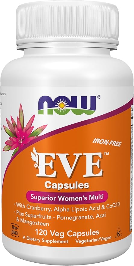 NOW Foods Supplements Eve™ Women's Multivitamin with Cranberry Alpha Lipoic Acid and CoQ10 plus Superfruits - Pomegranate Acai &amp Mangosteen Iron-Free 120 Veg Capsules