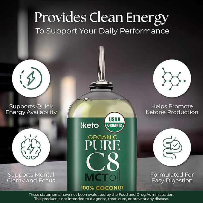 Keppi Organic MCT Oil - Flavorless C8 Non-GMO Certified Organic Gluten-Free Palm Oil Free Vegan Kosher Halal 16 oz Coconut Oil