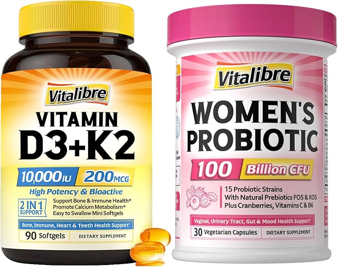 Vitalibre Women's Probiotics 100 Billion CFU &amp Vitamin D3 K2 10000 IU