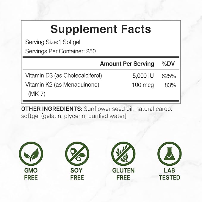 DEAL SUPPLEMENT 2 Pack Vitamin D3 5000 IU + K2 MK7 Softgels 500 Count | 2-in-1 Complex | Supports Heart Bone Teeth &amp Immune Health | Easy to Swallow