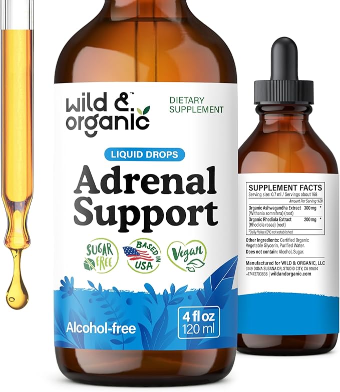 Wild &amp Organic Adrenal Support Supplements - Mood &amp Energy Support - Ashwagandha &amp Rhodiola Rosea Extract Complex for Women &amp Men - Add to Tea Liquid Drops - Vegan No Sugar &amp Alco