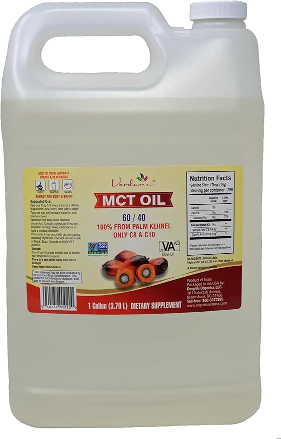 Verdana Food Grade MCT Oil – 1 Gallon (128 Fl Oz) – Premium C8/C10 Triglycerides – Keto &amp Paleo Friendly – Non-GMO Kosher – Trusted Brand for Energy Sports Nutrition Aromatherapy &amp Massage