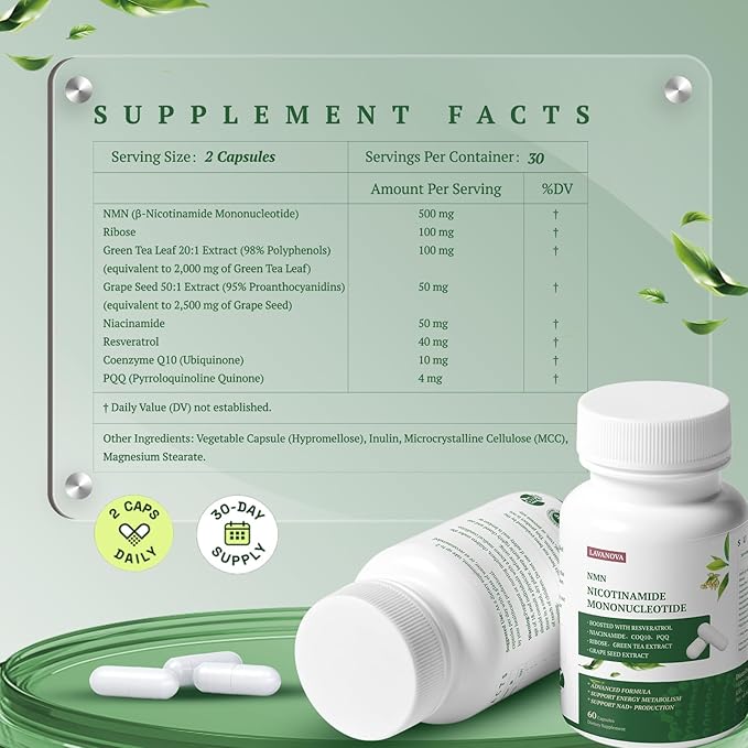 NMN Supplement 500mg Supports NAD+ Levels &amp Cellular Energy Anti-Aging &amp Longevity with NMN (Nicotinamide Mononucleotide) Resveratrol and Niacinamide 60 Veggie Capsules for Women &amp Me