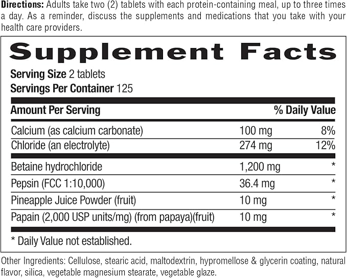 Country Life Betaine Hydrochloride with pepsin 600 mg - 250 Tablets
