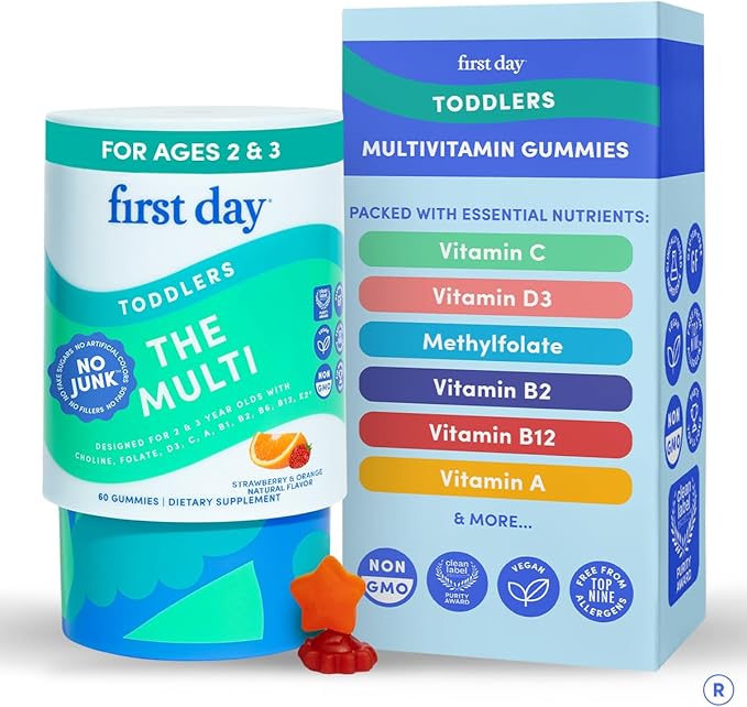FIRST DAY Toddler Multivitamin Gummies (Ages 2-3)| Kids Multivitamin Gummies with Vitamins A C D3 B2 B12 Choline Folate and 21 Organic Superfoods| (30 Day Supply)