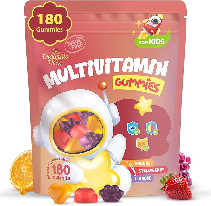Kids Multivitamin Gummies 180 Count - Eye Brain &amp Gut Support - Sugar-Free Vitamins for Kids - with Lutein Omega-3 DHA &amp Prebiotics - 3 Fruit Flavors - Ages 2+