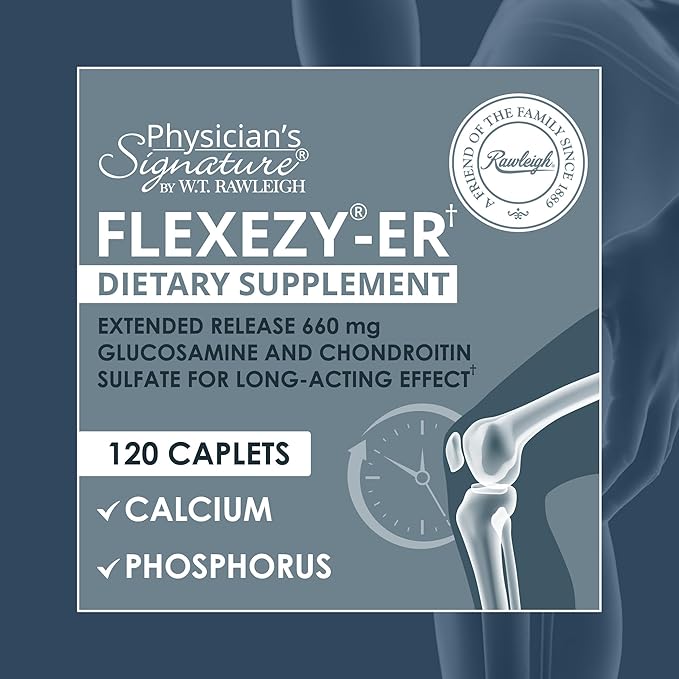 Rawleigh Flexezy-ER: 120 Caplets High Strength Glucosamine &amp Chondroitin Sulfate Blend Calcium &amp Phosphorus 24-Hour Extended Release Bone &amp Joint Health Supplement. Non-GMO - 1 Month S