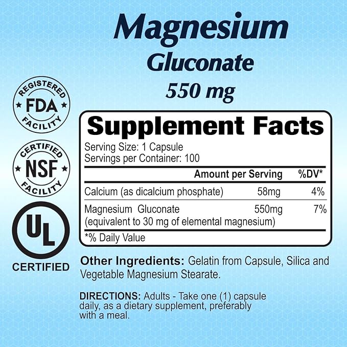 ALFA VITAMINS Magnesium Gluconate 550mg Dietary Supplement Supports Muscle &amp Nerve Function Bone Health &amp Bedtime Support Easy Absorption Essential Vitamins for Wellness 100 Tablets
