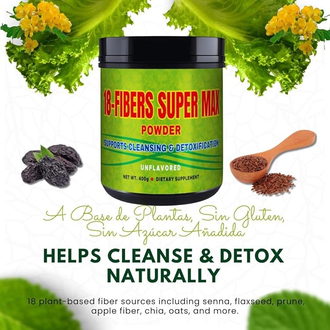 FIBRA 18 Super MAX Powder – 400g – 18-Fiber Blend with Senna Flaxseed Prune Apple &amp More – Dietary Supplement for Digestive Cleansing &amp Detoxification Unflavored – Natural Digestive Suppor