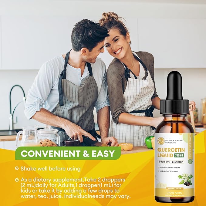 Quercetin Liquid Drops - Quercetin Supplements 700mg - 4X Stronger Than Pills &amp Capsules - 5 in 1 Quercetin with Bromelain Elderberry Vitamin for Immunity Health Respiratory Health Skin Care- 2 Fl