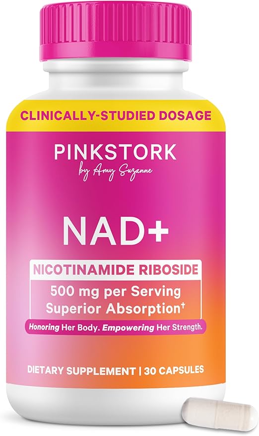 Pink Stork NAD+ Supplement for Women | 500 mg Nicotinamide Riboside NR | Clinically Studied Pure NMN Powder | Brain + Cognitive Support | Energy + Skin Essentials Over 30 | 30 Capsules