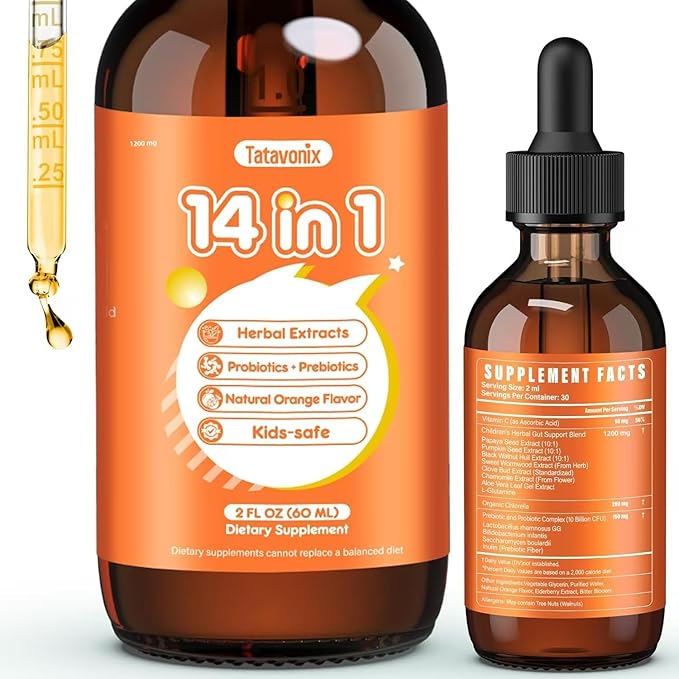 14 in 1 Herbal Gut Cleanse Drops – Natural Detox for Adults &amp Kids with Wormwood Black Walnut Chlorella 200mg &amp 10B Probiotics 150mg – Digestive Health Supplement Alcohol-Free 2oz
