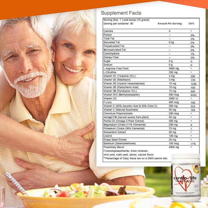 Health Guardian Cardio for Life L-Arginine Powder 16oz - Natural Nitric Oxide Supplement Cardiovascular Increase Energy - Peach
