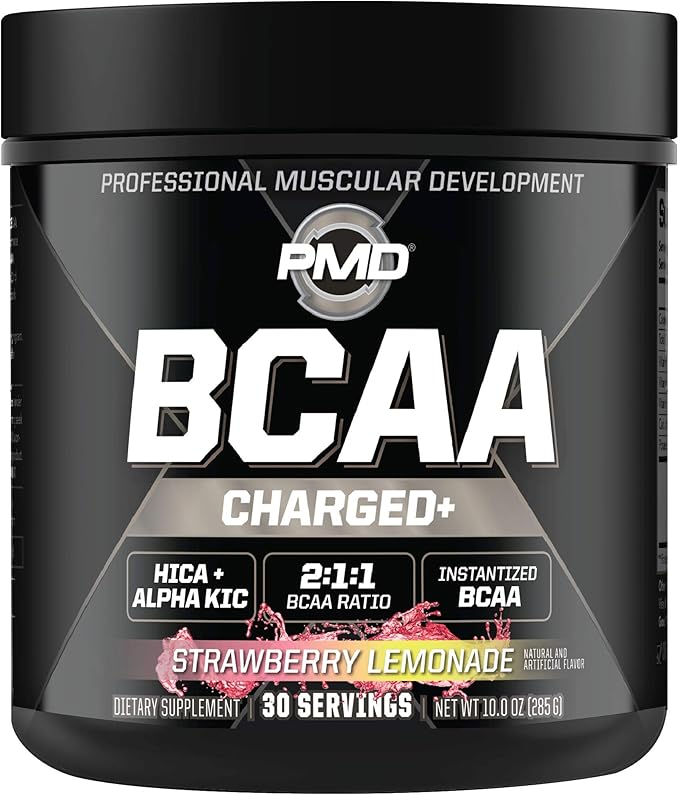 PMD Sports BCAA Charged Amino Acid Drink Mix for Performance Recovery Endurance and Hydration - Increase Muscle Function for Workout and Daily Energy - Strawberry Lemonade (30 Servings)