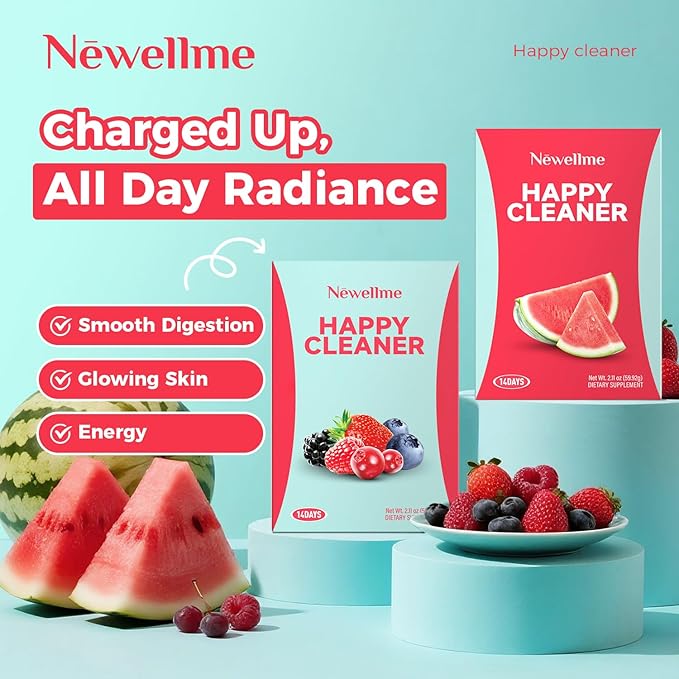 NEWELLME Happy Cleaner Digestive Supplement Powder Gut Health Drink Mix with Probiotics Digestive Enzymes &amp Fiber Supports Digestion and Bloating Watermelon &amp Berry Variety 28 Sachets (2