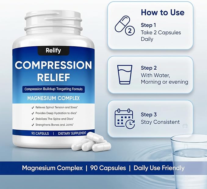 Mentara Relify Compression Relief Capsules with 1000mg Magnesium Complex for Women &amp Men Support Back Spine &amp Discs Reduces Pressure Non-GMO 90 Capsules
