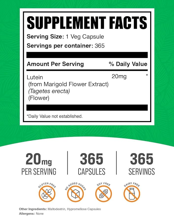 BulkSupplements.com Lutein Capsules - Eye Vitamins Antioxidant Source - Gluten Free 1 Capsule per Serving 20mg Serving 365 Count (Pack of 1)