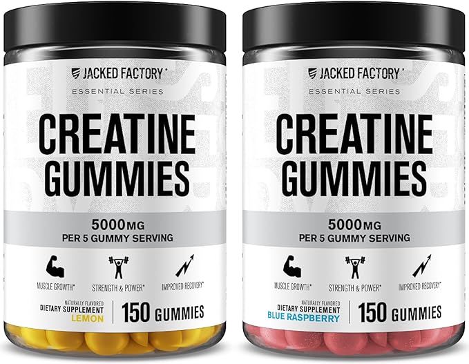 Jacked Factory Creatine Monohydrate Gummies 5g Daily Dose (1g per Gummy) - Creatine Gummy for Men and Women Vegan-Friendly Travel-Friendly Third-Party Tested - 150 Gummies Blue Raspberry &amp Lem