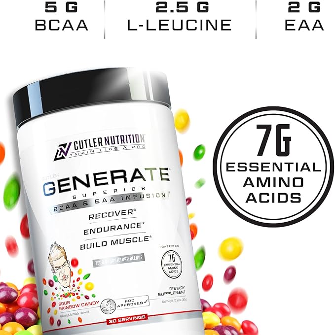 Cutler Nutrition Generate EAA and BCAA Powder: Best Branched Chain Amino Acids Supplement with Essential Amino Acids 5g BCAAs 2g EAAs for Lean Muscle Mass | Sour Rainbow Candy 30 Servings