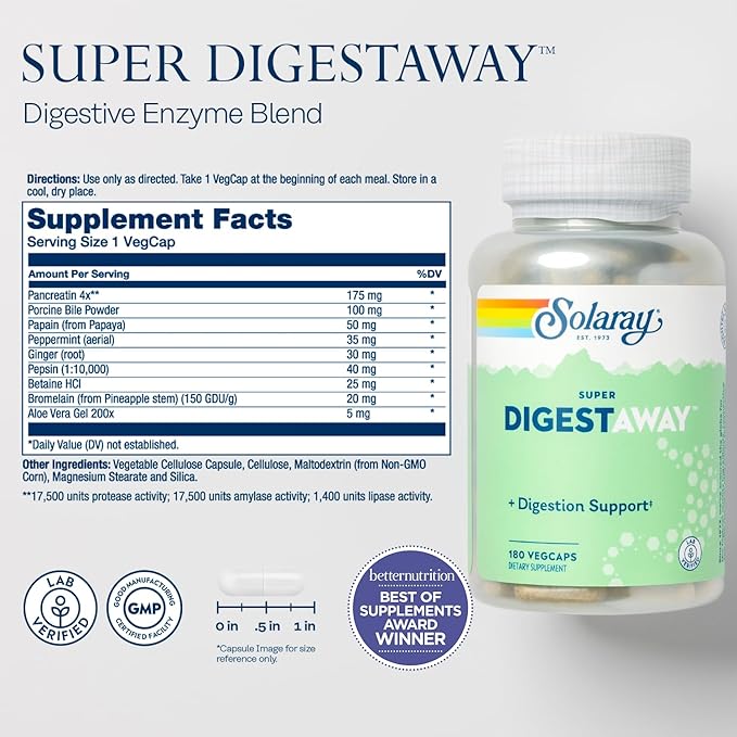 SOLARAY Super Digestaway Digestive Enzymes - Pancreatin Papain Ginger Pepsin Betaine HCl Aloe Vera and More - Digestion &amp Nutrient Absorption Support - Lab Verified - 180 VegCaps