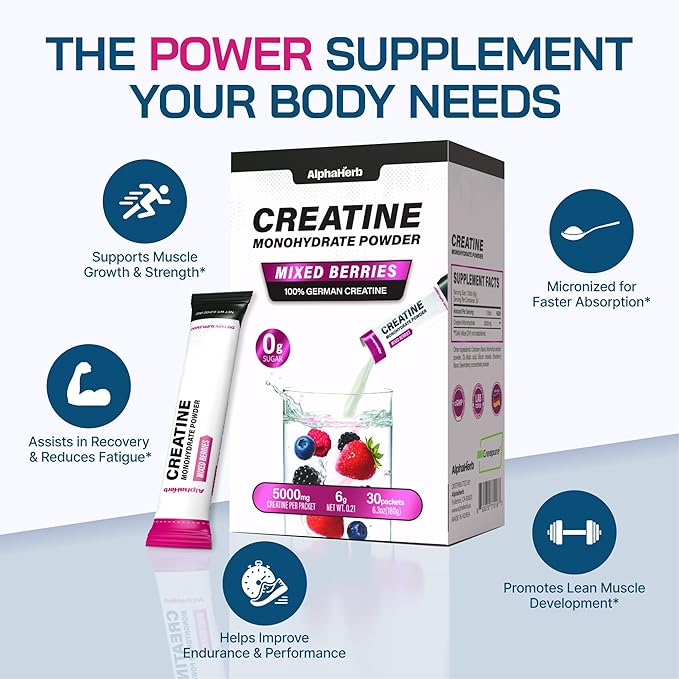 Creatine Monohydrate Powder – Creapure® German-Sourced Mixed Berry Flavour 30 Stick Creatine Packs 5000mg Each | No Sugar No Fillers Gluten-Free