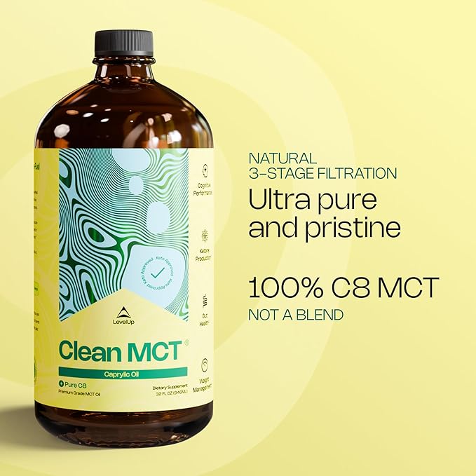 LevelUp Clean MCT Oil - 100% Caprylic C8 for Energy Focus Gut Health Brain Superfuel - Keto Supplement for Ketogenic Coffee and Ketones - Non-GMO (32 oz Glass Bottle)