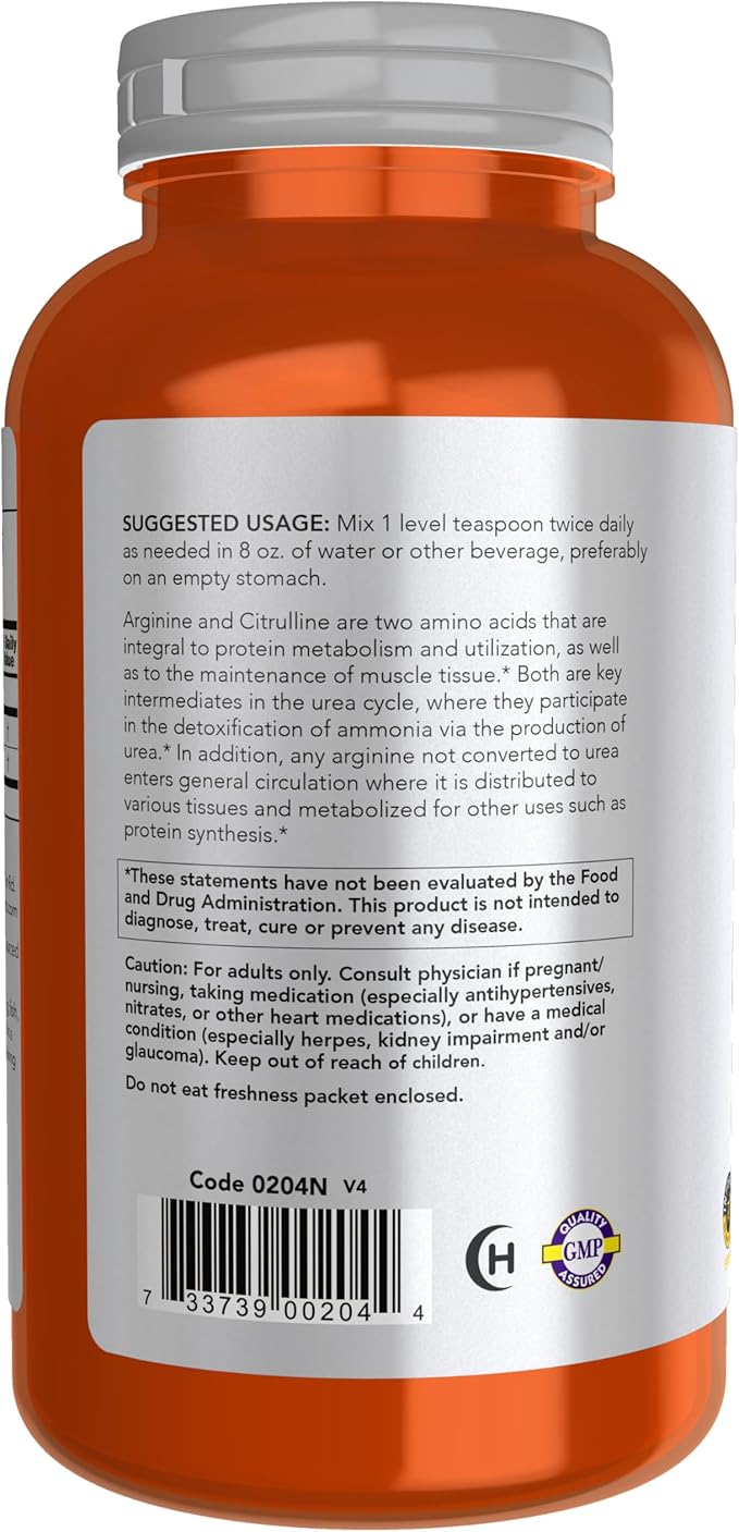 NOW Foods Sports Nutrition Arginine &amp Citrulline Powder 1:1 Ratio Amino Acid 12-Ounce