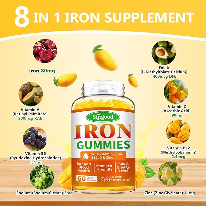 2 Pack Iron Gummies for Women &amp Men - Vegan Iron Supplement for Anemia &amp Iron Deficiency with Vitamin B12 Vitamin C Zinc Folate - Energy Boost Sugar-Free Mango Flavor 120 Count