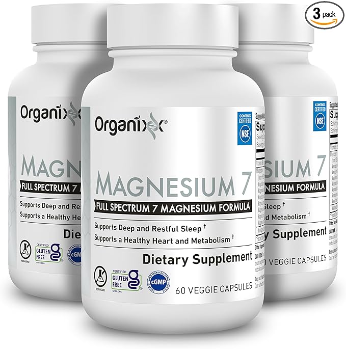 Organixx Magnesium 7 Supplement Natural Magnesium Capsules for Sleep Support Muscle Recovery with Vitamin B6 and Manganese Citrate and Glycinate Vegan Non GMO 180 Count (60 Capsule 3 Pack)