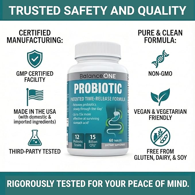 Balance ONE Time Release Probiotic – 15 Billion CFU – 12 Strains Including L. Plantarum – 15x More Survival Than Capsules – Bloating &amp Gas Relief – Gut &amp Digestive Health for Women &amp Men –